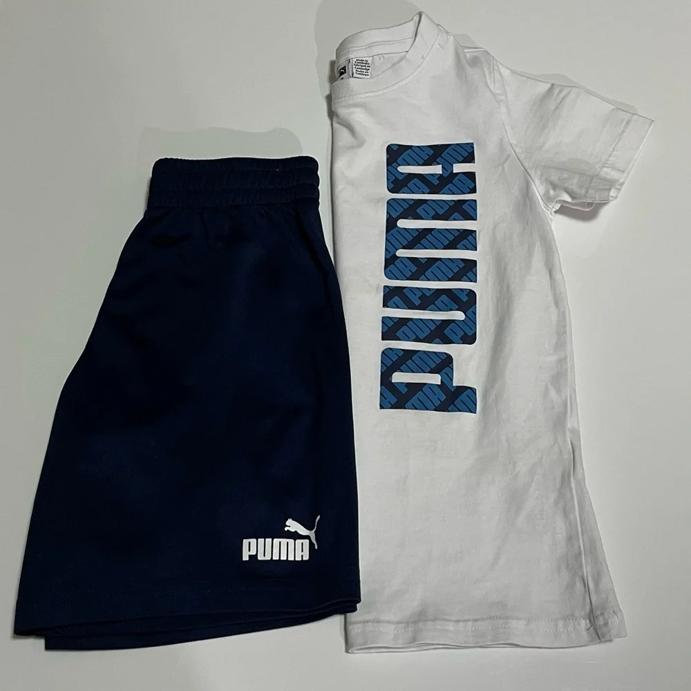 Puma Boys Athletic Set XS 5/6 Blue Shorts White Logo T-Shirt Activewear - Picture 2 of 11